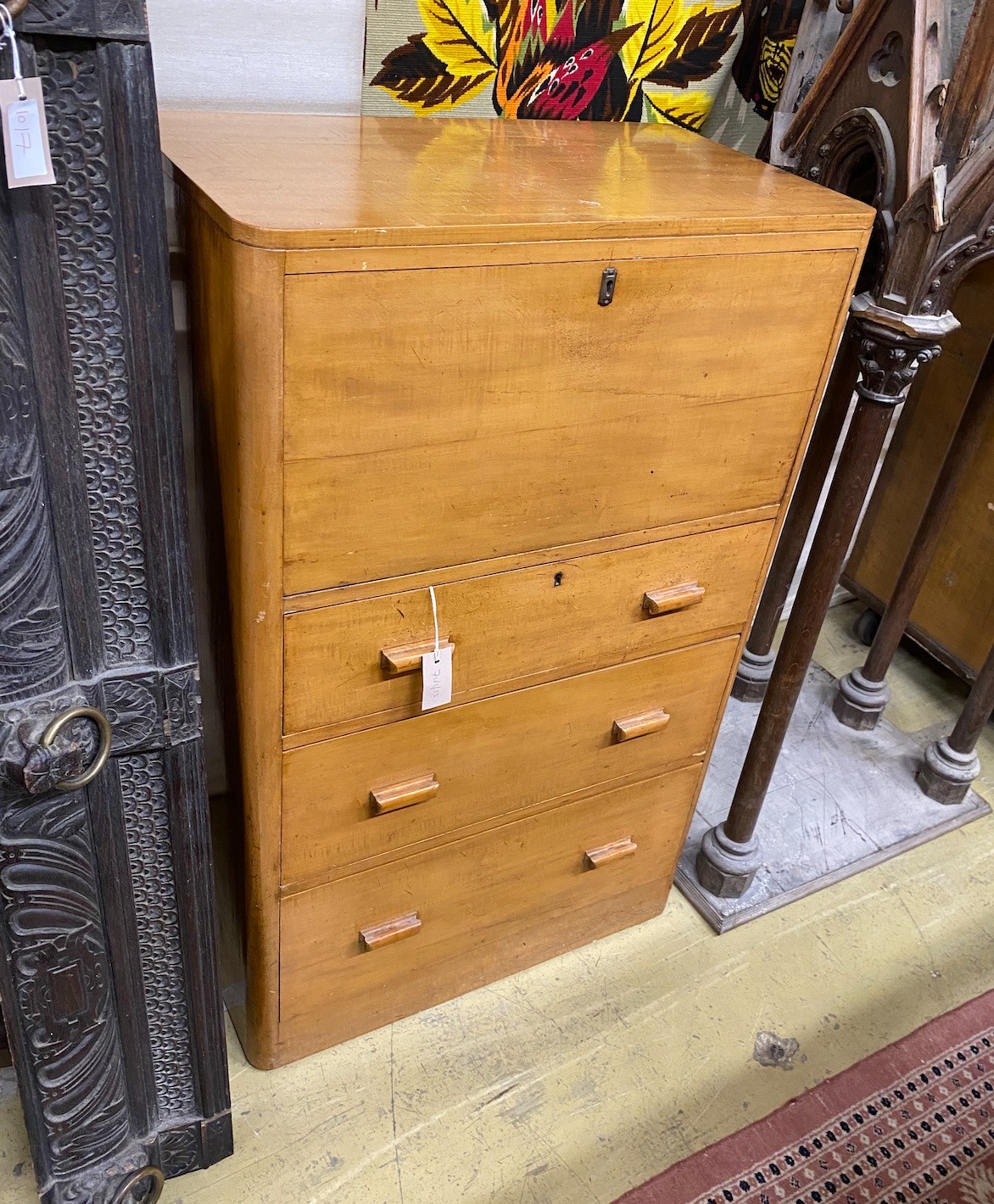 A mid century three drawer escritoire, width 68cm, depth 39cm, height 109cm